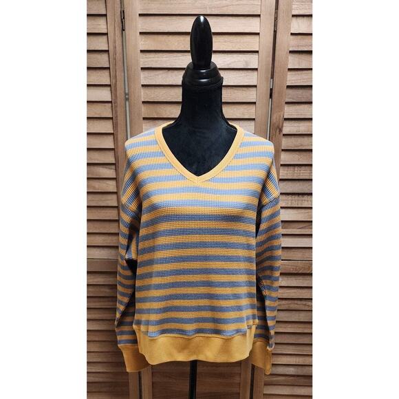 Natural Reflections Waffle V-Neck Pullover Womens Top Flint Stripe Size Small S - Picture 2 of 8